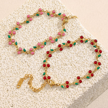 Colorful cherry enamel bracelet with 18K gold finish and leaf details