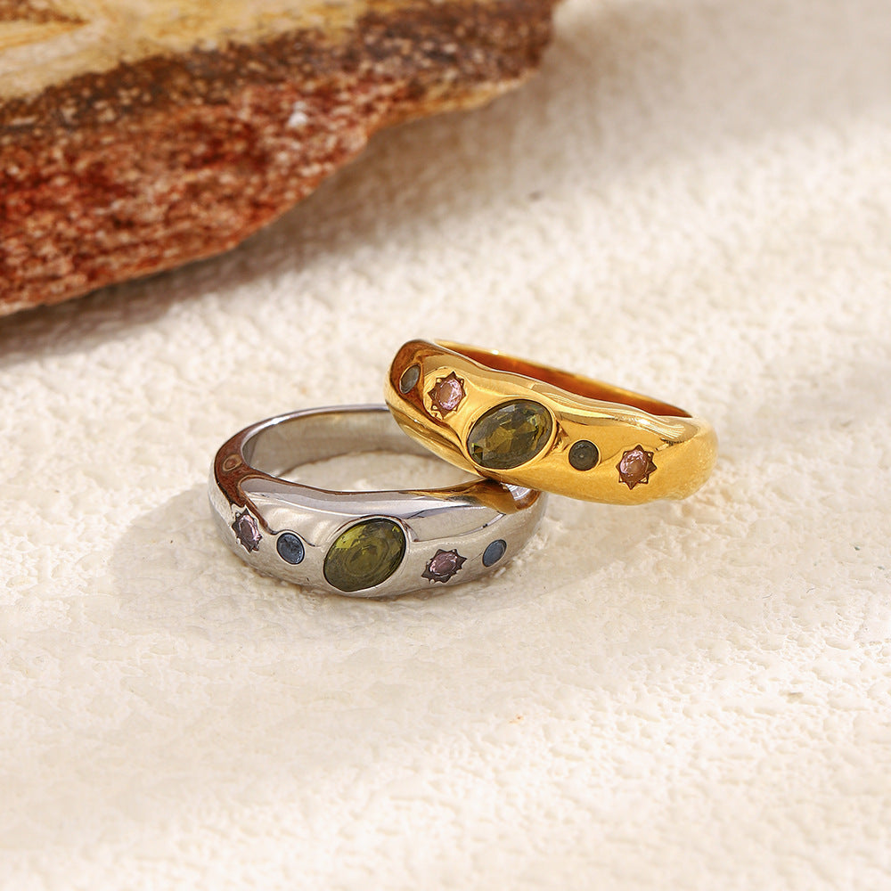 Silver multicolor geometric zircon ring by STUD – 18K white gold plated, modern chunky design