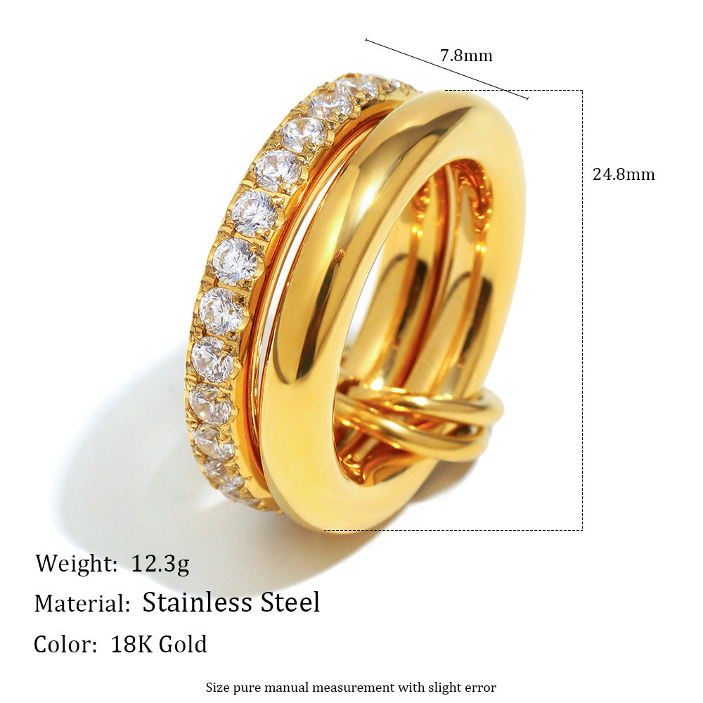 18K gold-plated stainless steel double layer ring with embedded zircon stones for women