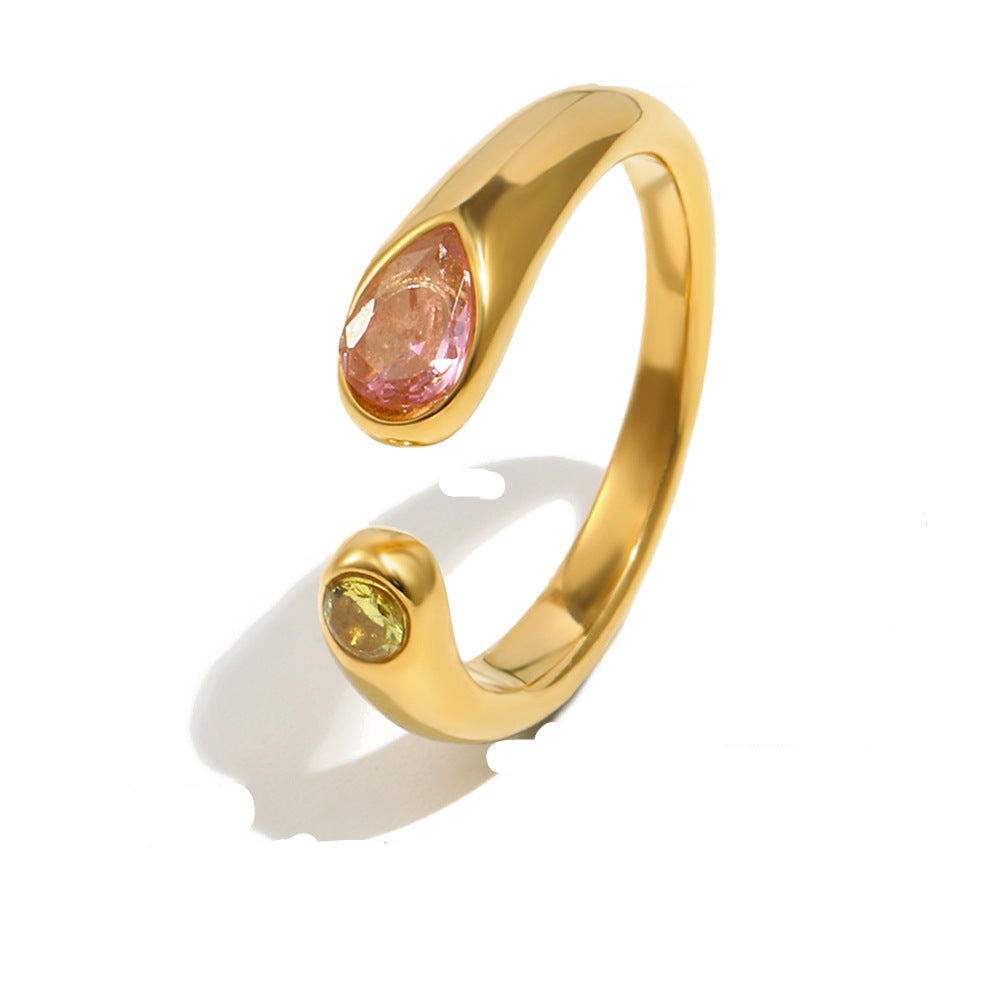 Gold serpent open ring with pink and lime zircon stones