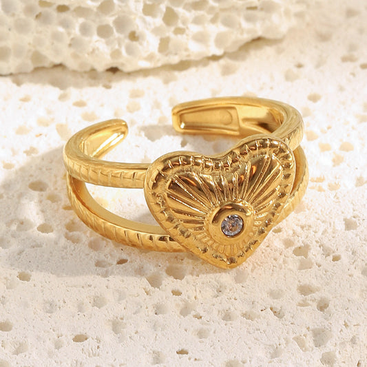 18K Gold-Plated Open Heart Adjustable Ring with Textured Finish and Central Gemstone