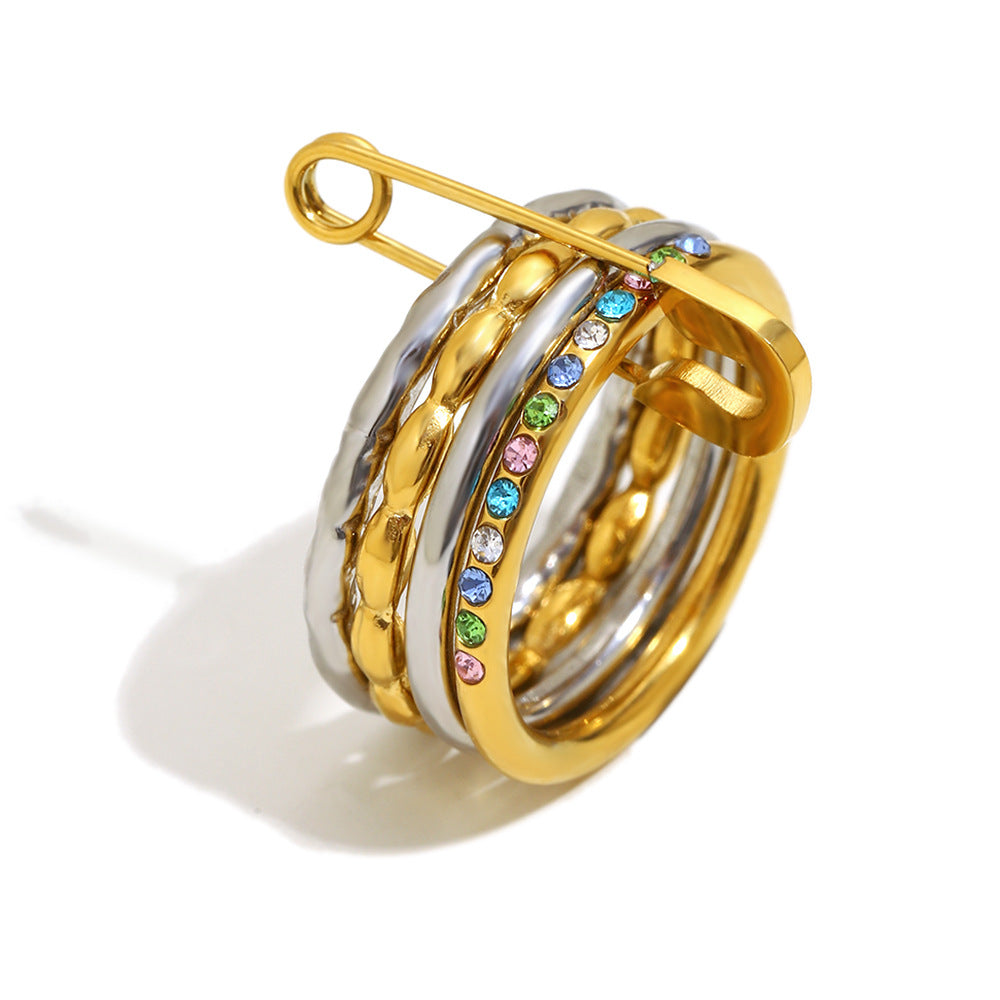 Bold Sparkle Safety Pin Ring – 18K Gold-Plated Multicolor Stack