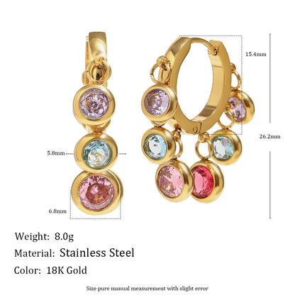 18K gold-plated stainless steel hoop earrings with colorful dangling zircon stones for women