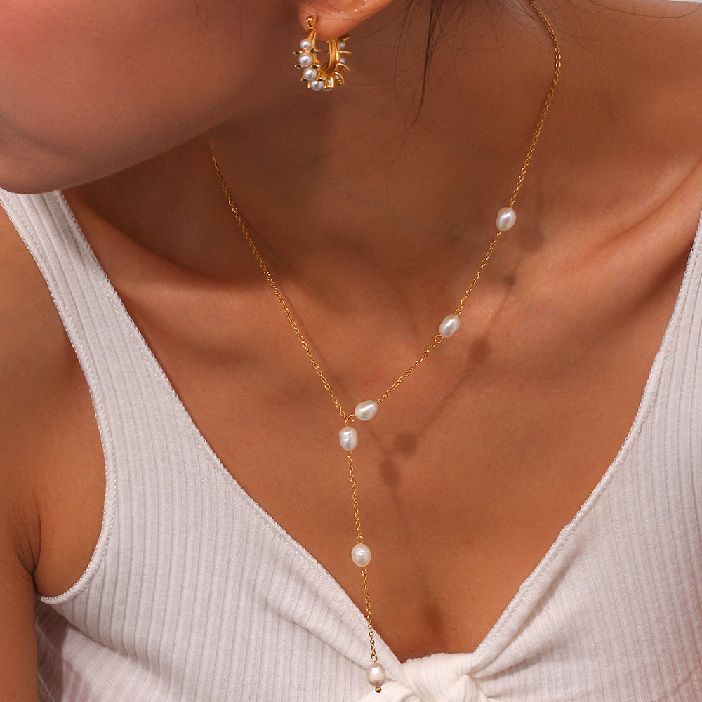 Minimalist Pearl Y-Chain Necklace | 18K Gold-Plated Stainless Steel