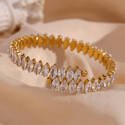 18K gold plated open bangle with marquise zircon stones – luxury bracelet – STUD