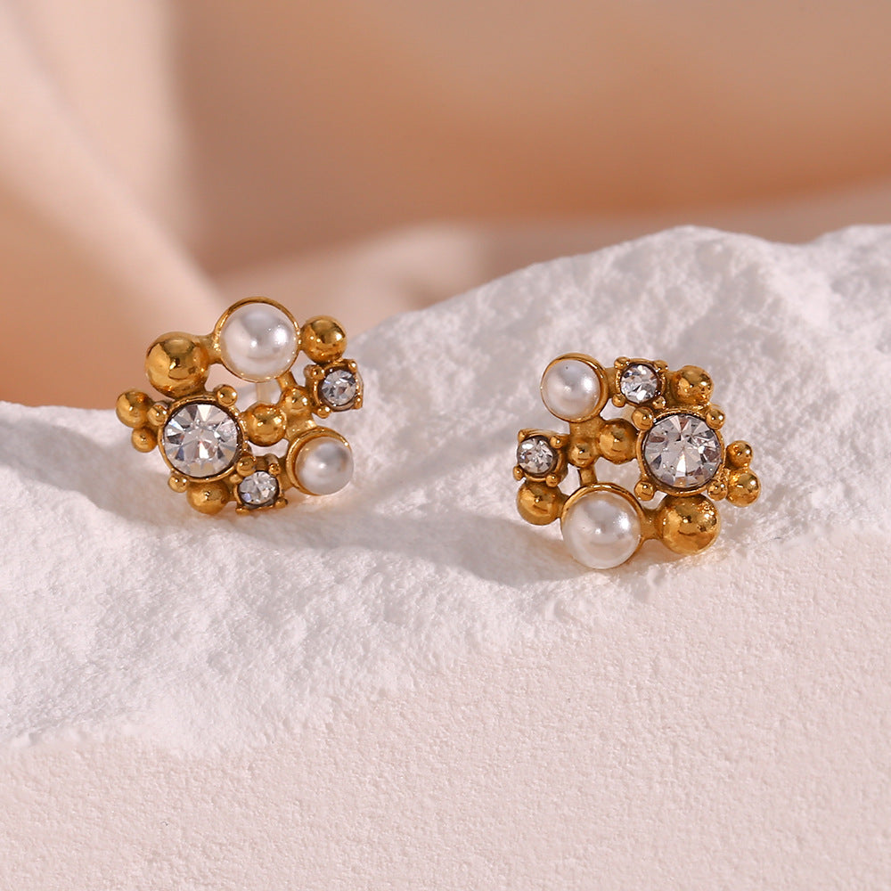 Floral Pearl and Crystal Stud Earrings | 18K Gold-Plated Stainless Steel