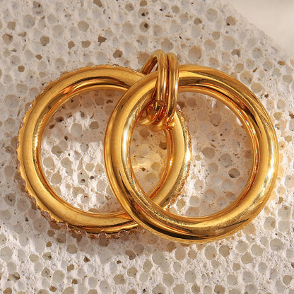 18K gold-plated stainless steel double layer ring with embedded zircon stones for women