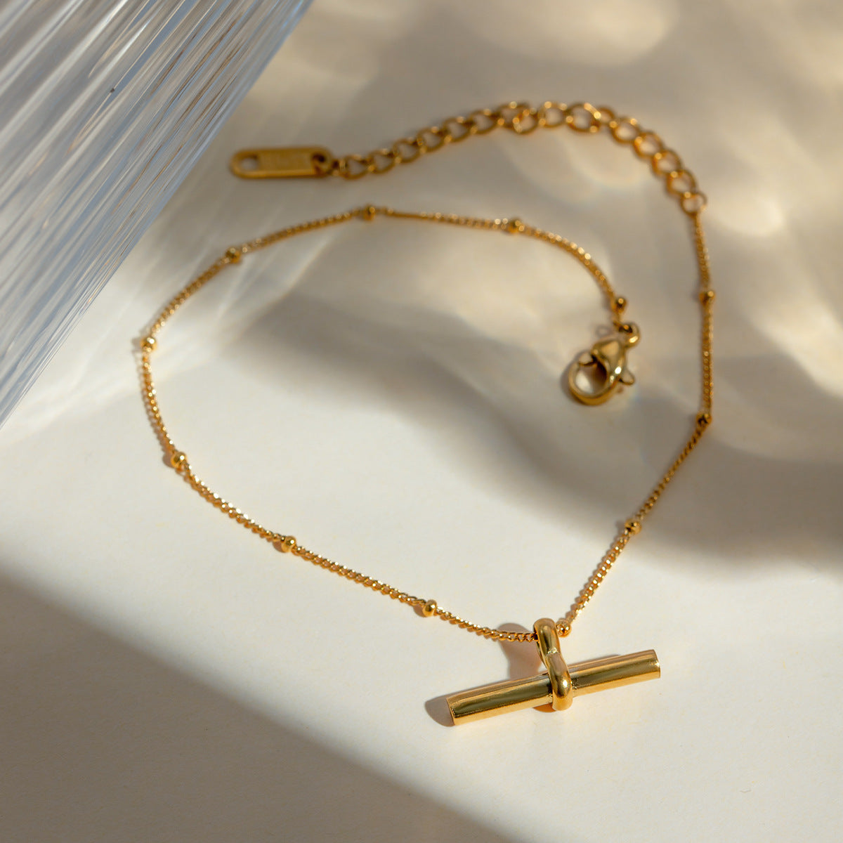 18K gold plated double-layer anklet with polished blade bar and beaded snake chain – STUD