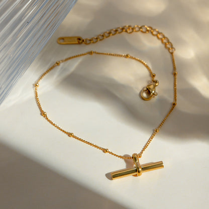 18K gold plated double-layer anklet with polished blade bar and beaded snake chain – STUD