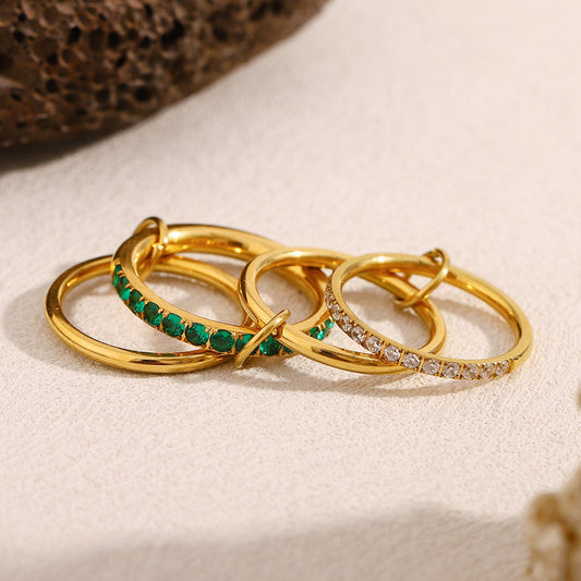 18K gold plated stacked ring set with emerald and white zircon accents – STUD