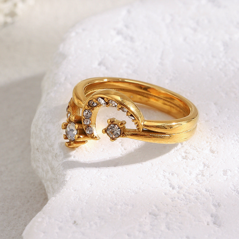 18K gold plated crescent moon double ring with embedded crystals