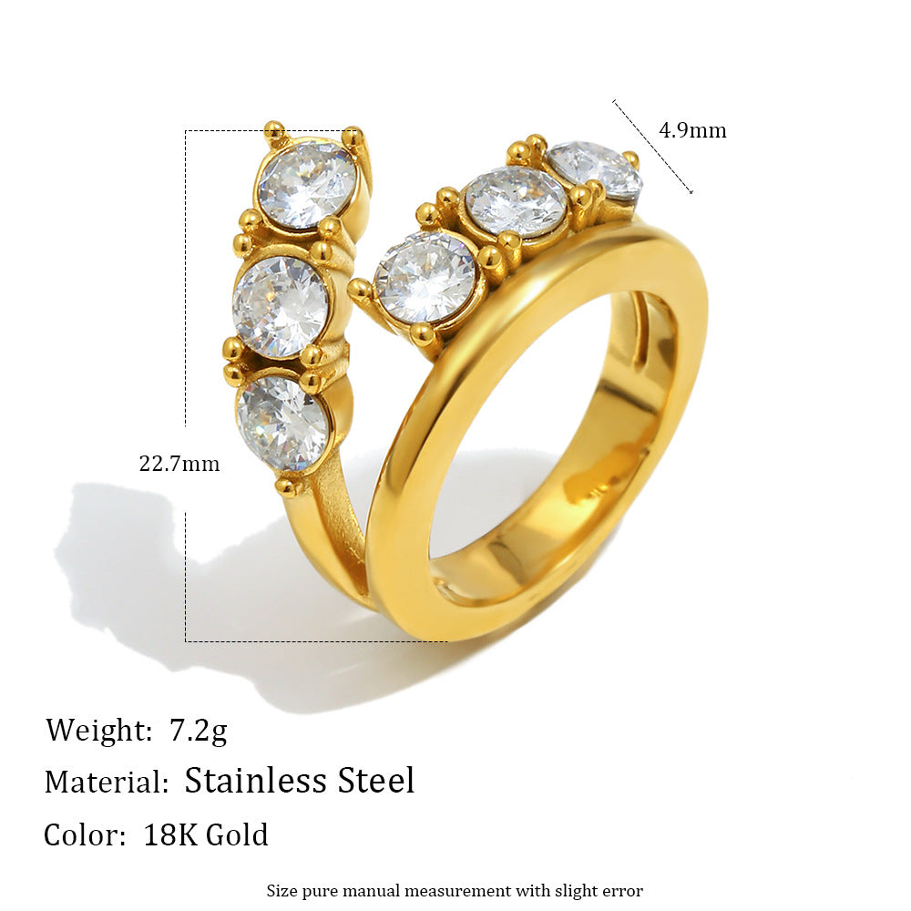 Silver stainless steel double-layer zircon open ring with round stones for women