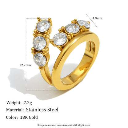Silver stainless steel double-layer zircon open ring with round stones for women