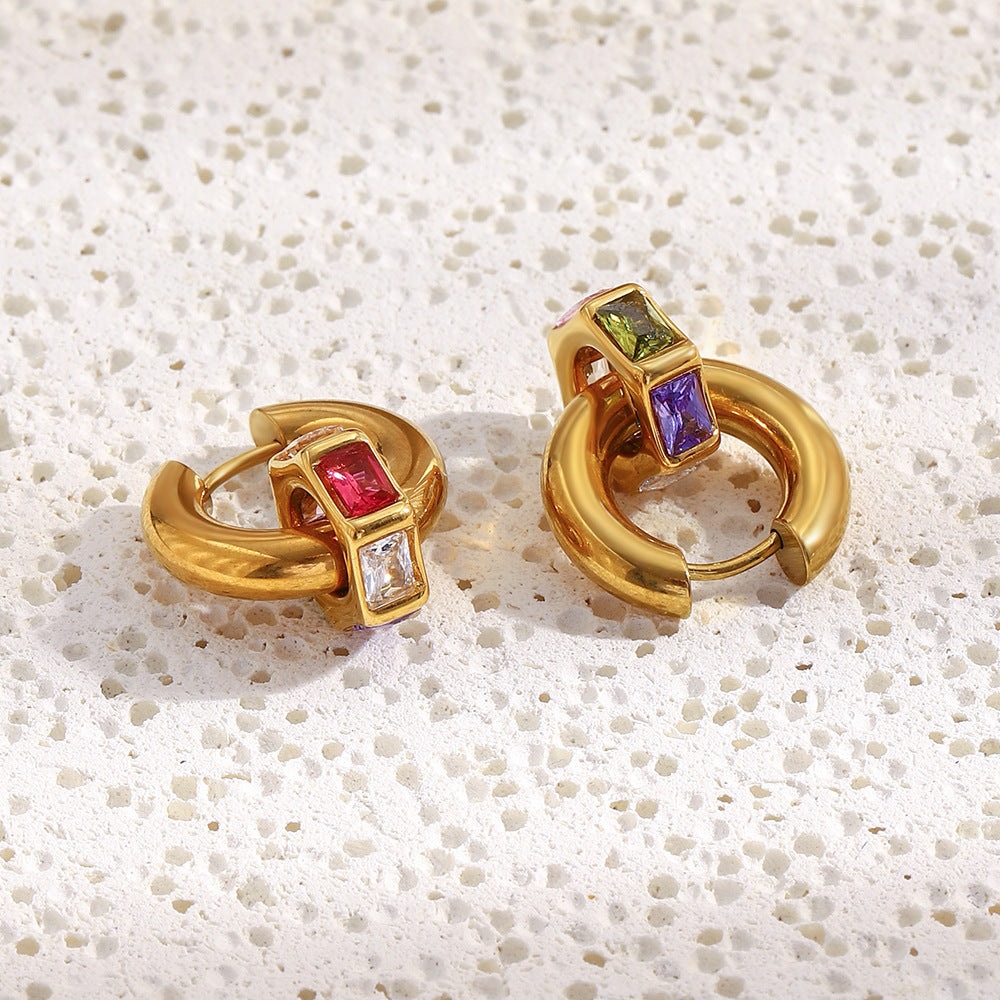Gold-plated chunky hoop earrings with multicolor geometric gemstones – Aurora Gem Hoops by STUD
