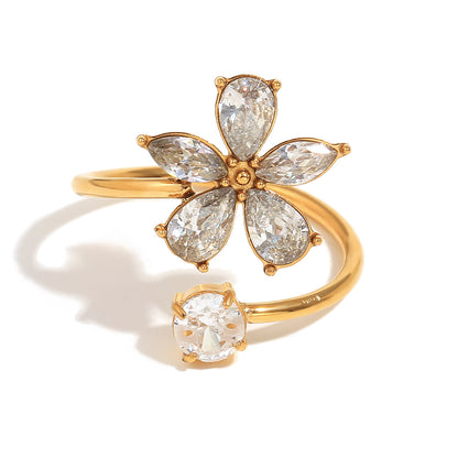 STUD 18K gold-plated stainless steel zircon flower open ring with teardrop petals