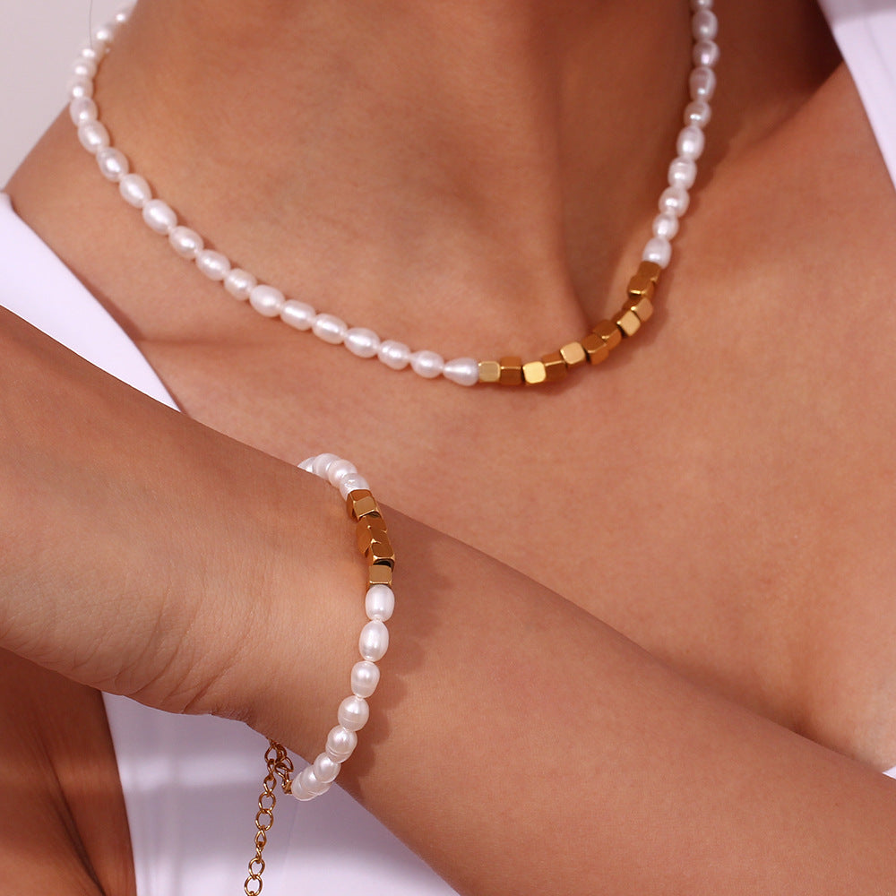 Modern Elegance Beaded Bracelet – Stainless Steel & Pearl