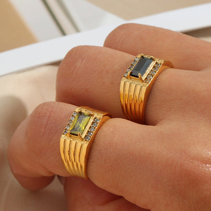 Rectangular green zircon ring – minimalist 18K gold-plated stainless steel band with polished finish – geometric statement jewelry by STUD (Shop Till You Drop)