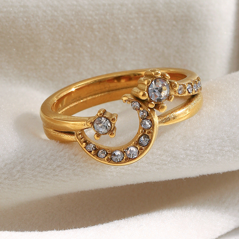 18K gold plated crescent moon double ring with embedded crystals