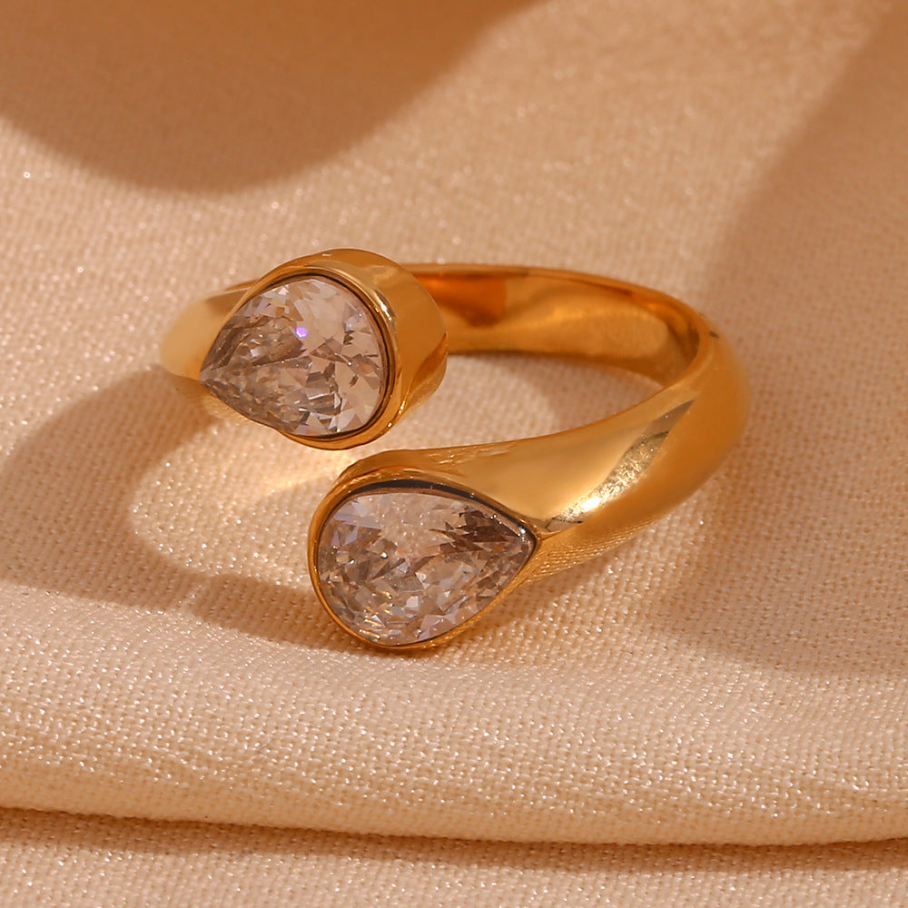 18K gold plated twin teardrop zircon open ring by STUD