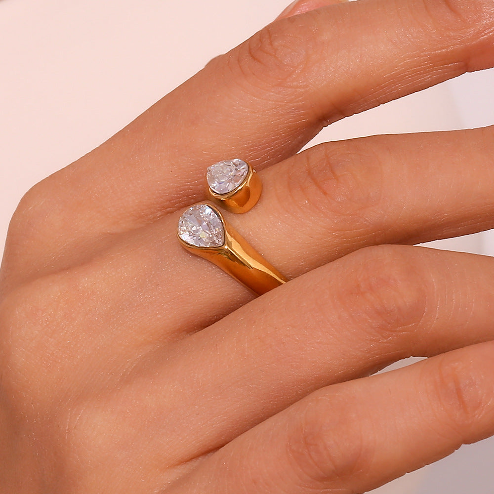 18K gold plated twin teardrop zircon open ring by STUD