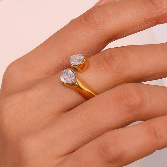 18K gold plated twin teardrop zircon open ring by STUD