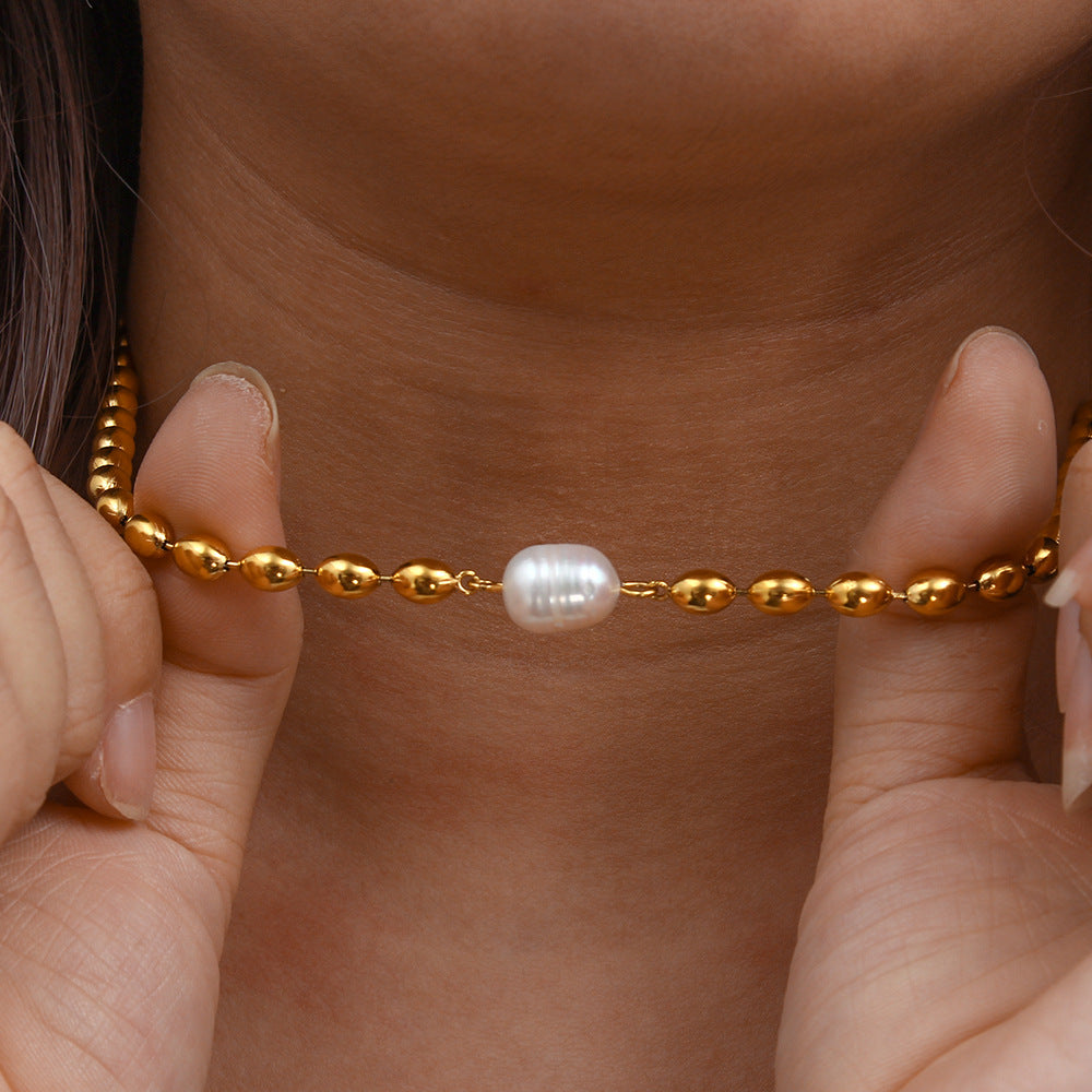 Modern Oval Bead & Pearl Necklace | 18K Gold-Plated Stainless Steel