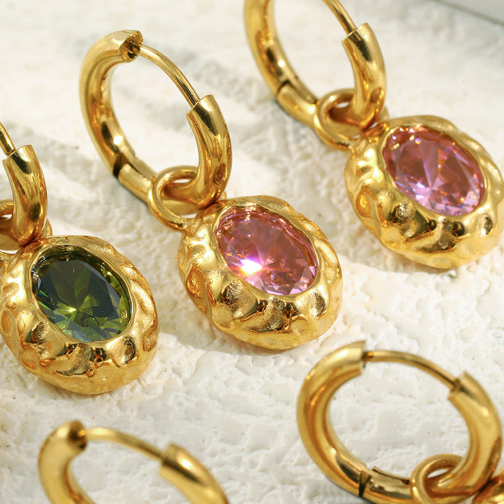 STUD 18K gold-plated stainless steel hammered oval hoop earrings with green zircon stone