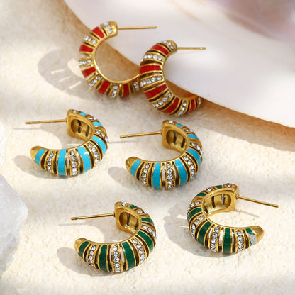 18K gold-plated stainless steel turquoise enamel C-shaped hoop earrings with zircon stones