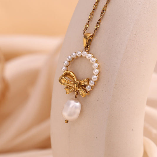 18K gold plated pearl bow charm necklace with faux pearls and drop pendant – STUD
