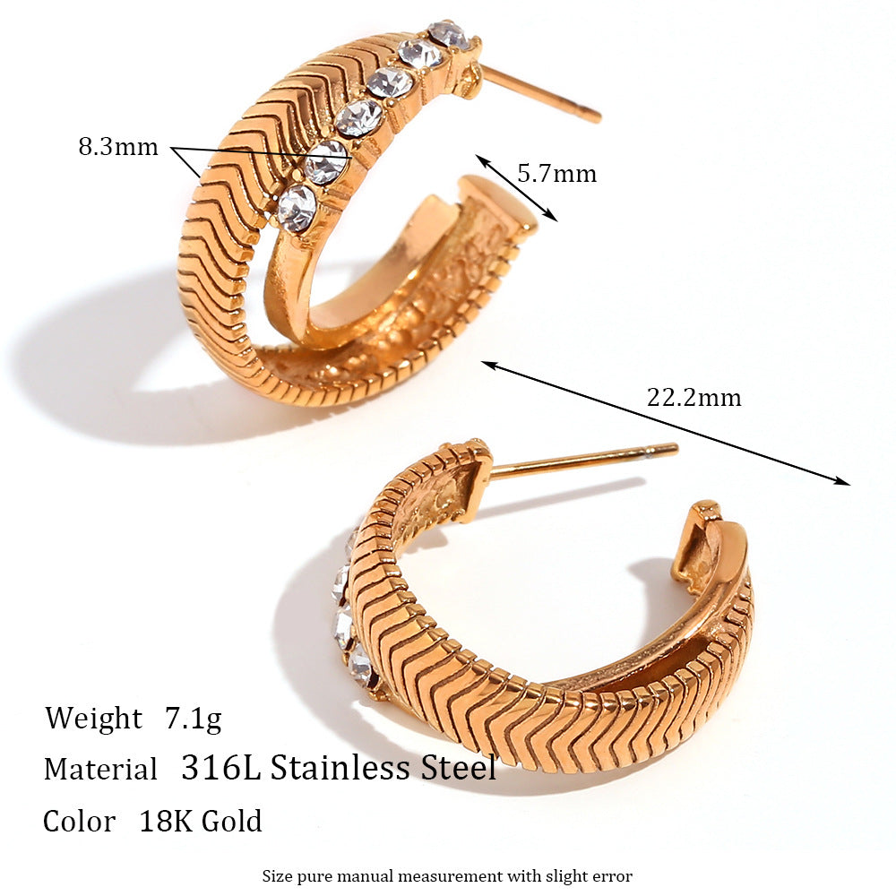 Minimalist Fishbone 18K Gold Plated with Zircon Earrings