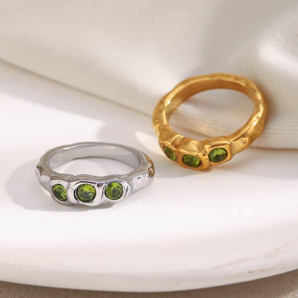 18K gold-plated chunky sculptural ring with three olive-green round cubic zirconia stones in raised square bezel settings, modern statement ring for women