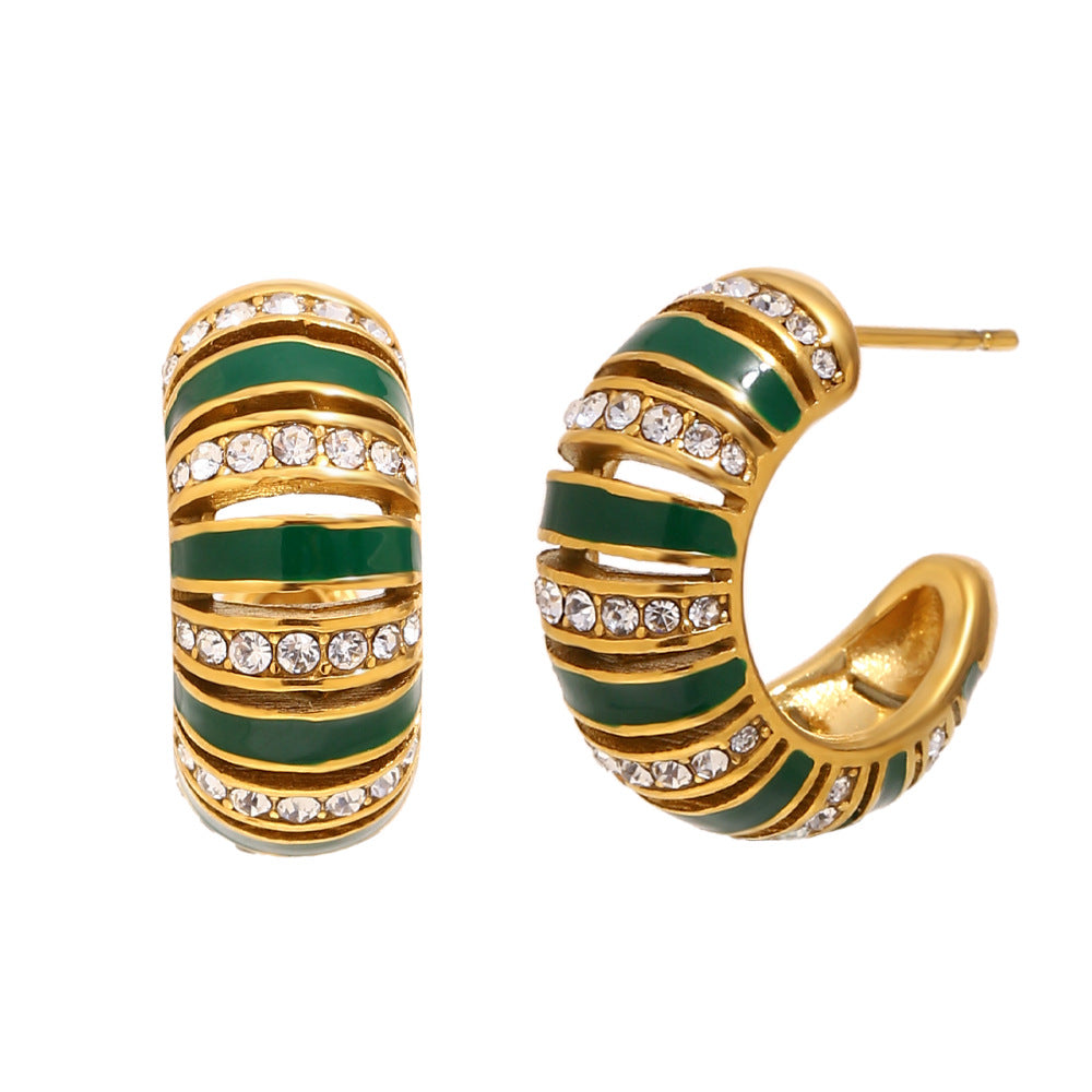 18K gold-plated stainless steel green enamel C-shaped hoop earrings with zircon detailing