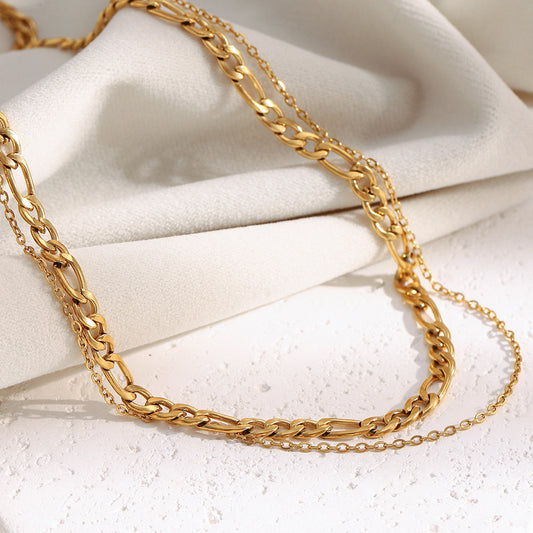 18K gold plated double layer necklace with thick and fine chains