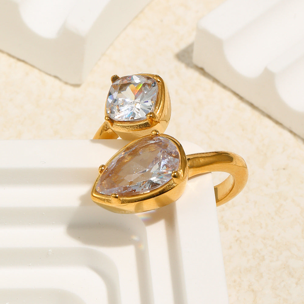 STUD 18K gold-plated stainless steel open ring with dual geometric pear and cushion cut zircon stones