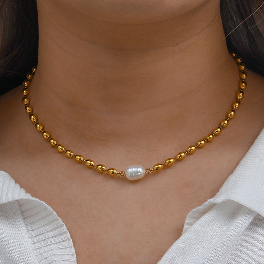 Modern Oval Bead & Pearl Necklace | 18K Gold-Plated Stainless Steel