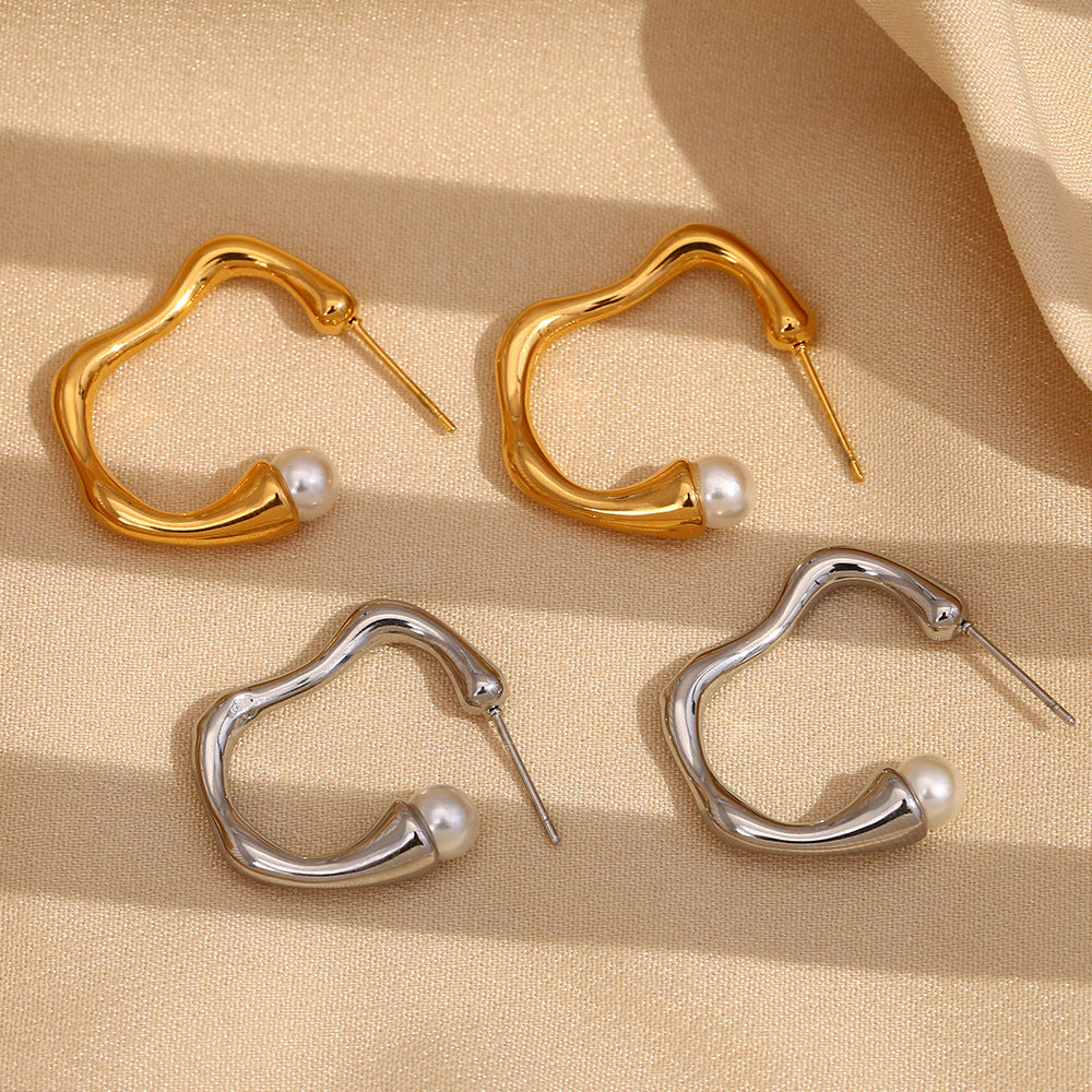 Minimalist Pearl C-Shaped Silver Hoop Earrings