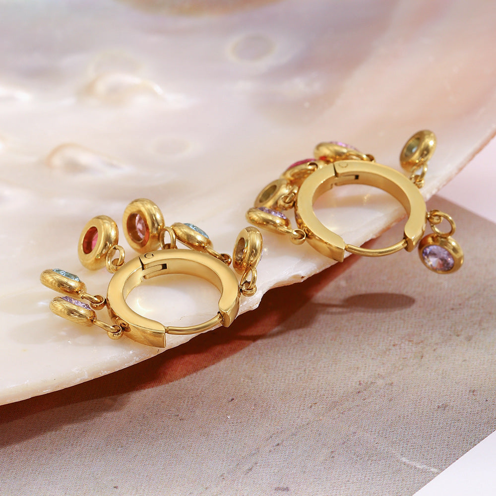 18K gold-plated stainless steel hoop earrings with colorful dangling zircon stones for women