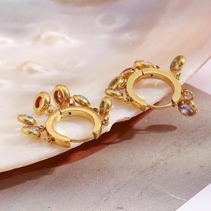 18K gold-plated stainless steel hoop earrings with colorful dangling zircon stones for women