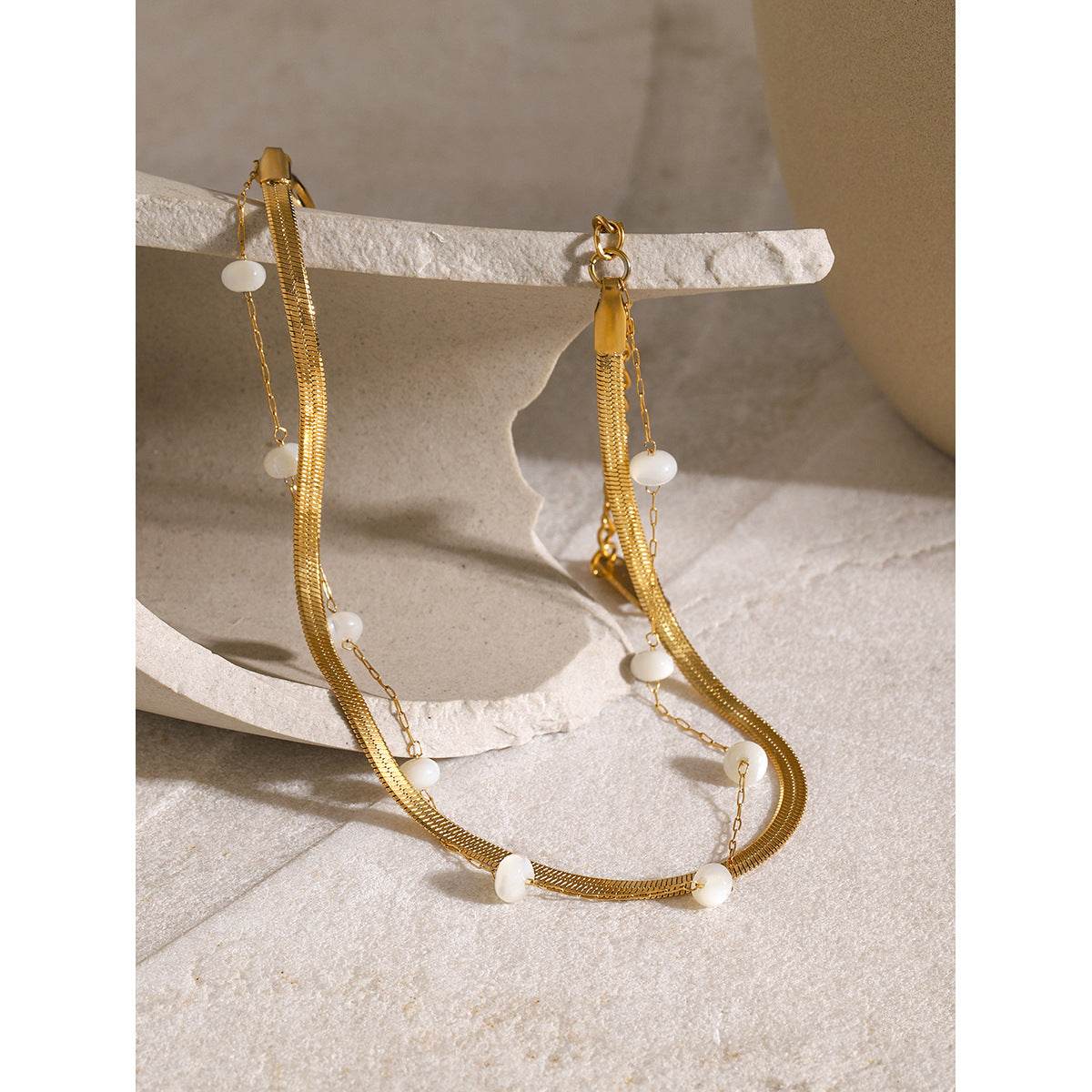 Double-layer 18K gold anklet with bar charm and beaded chain