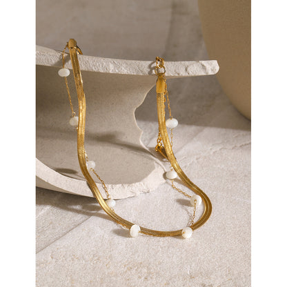 Double-layer 18K gold anklet with bar charm and beaded chain