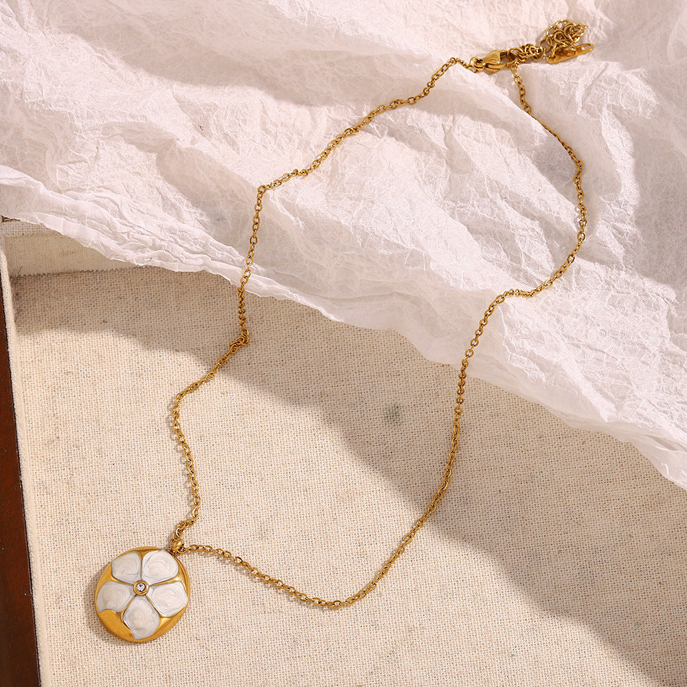 18K gold-plated stainless steel vintage enamel flower pendant necklace