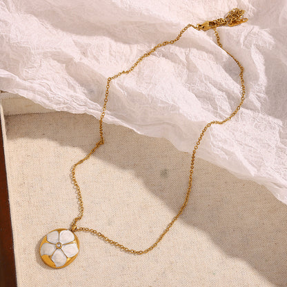 18K gold-plated stainless steel vintage enamel flower pendant necklace