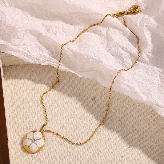 18K gold-plated stainless steel vintage enamel flower pendant necklace