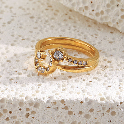 18K gold plated crescent moon double ring with embedded crystals