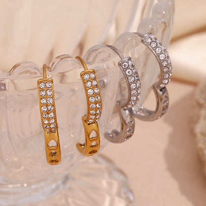 18K gold plated pavé hoop earrings with double-row crystals and heart cut-out back – STUD