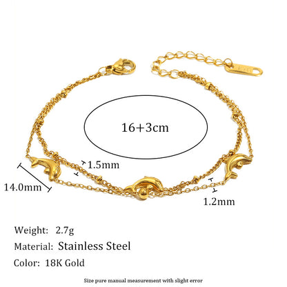 18K Gold Dolphin Double Chain Bracelet – Stainless Steel, Ocean-Inspired Jewelry