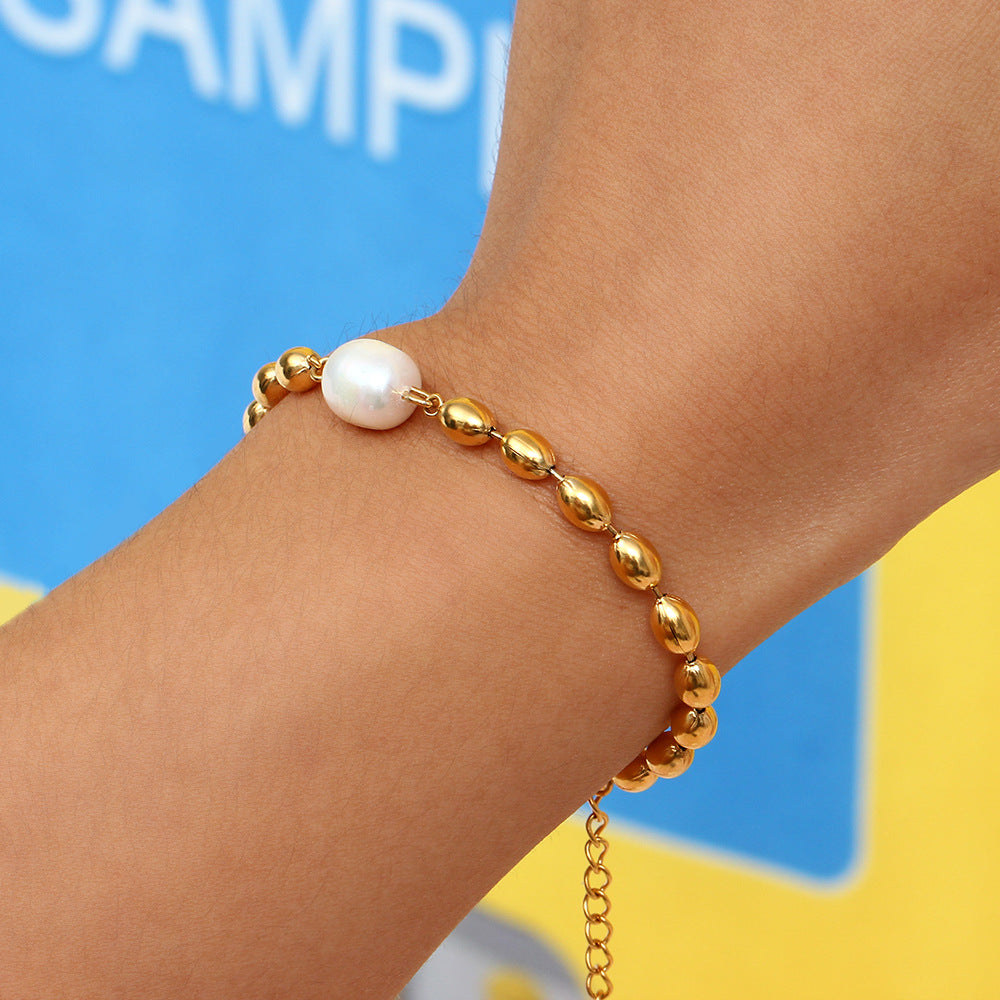 Minimalist Oval Bead & Pearl Bracelet | 18K Gold-Plated Stainless Steel