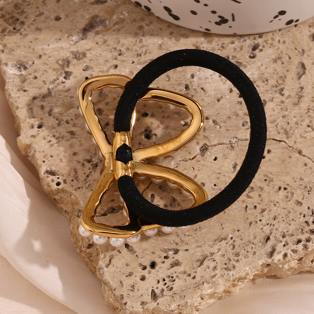 Butterfly-Shaped With Pearl 18K Gold Hair Tie