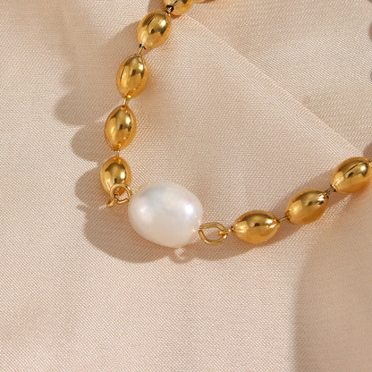 Close View of Gold-plated minimalist bracelet with oval beads and faux pearls – elegant waterproof jewelry for women