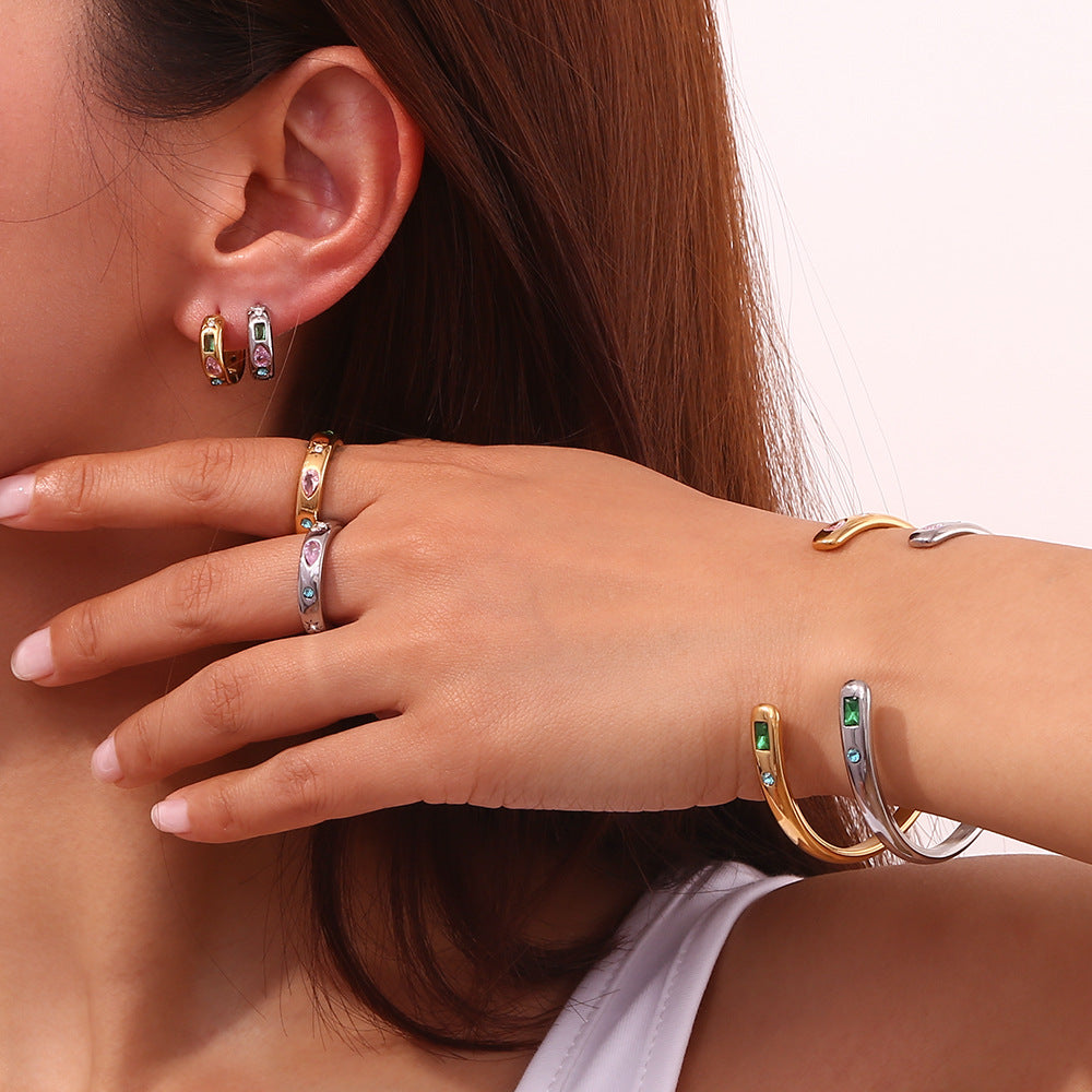 Gold Geometric Zircon Star and Waterdrop Open Bangle